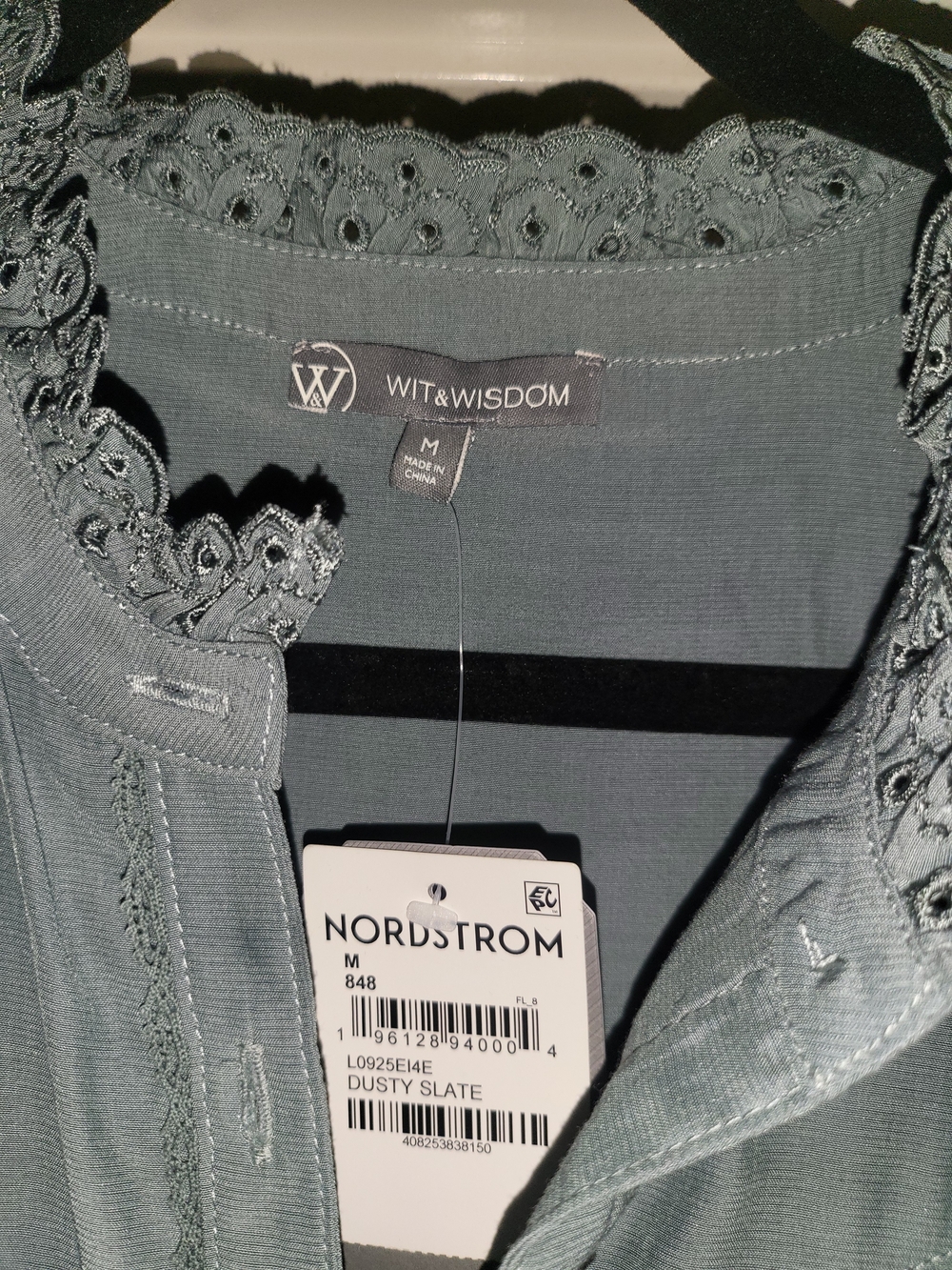 Wit & Wisdom Dusty Teal Lace-Trim ButtonUp Blouse Sz Medium Nwt New Dusty Slate - Picture 3 of 14